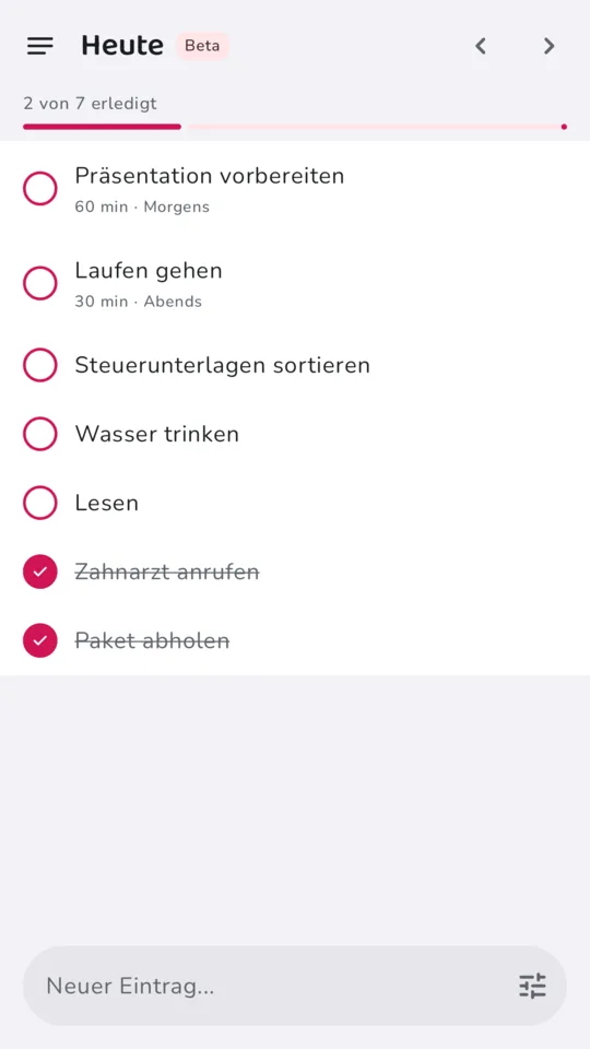 Tagesplan mit den Aufgaben für heute