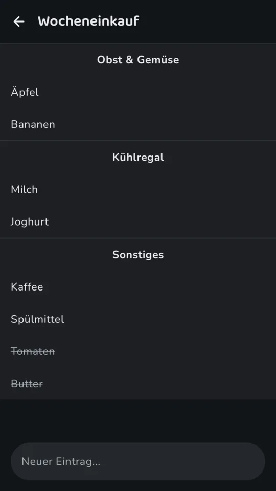 Einkaufsliste mit Abschnitten und abgehakten Einträgen