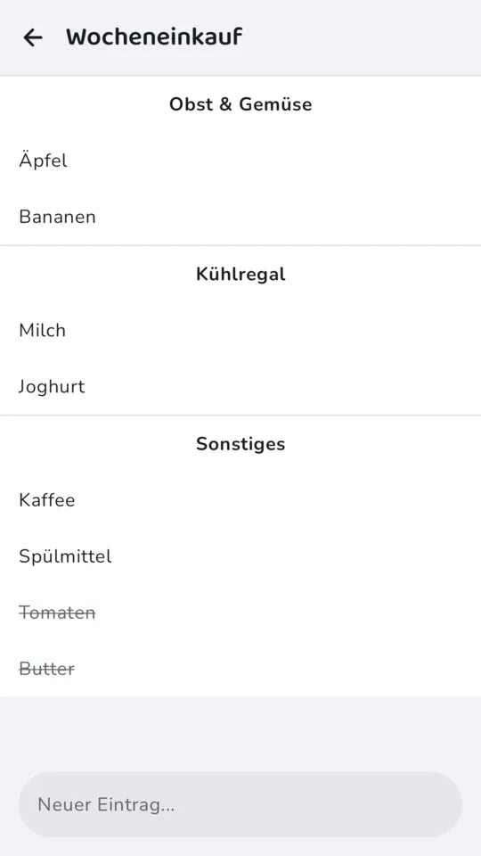 Einkaufsliste mit Abschnitten und abgehakten Einträgen