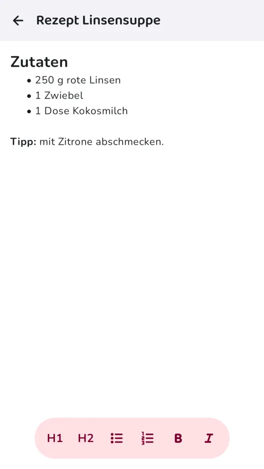Notiz mit Überschrift, Aufzählung und Fettschrift